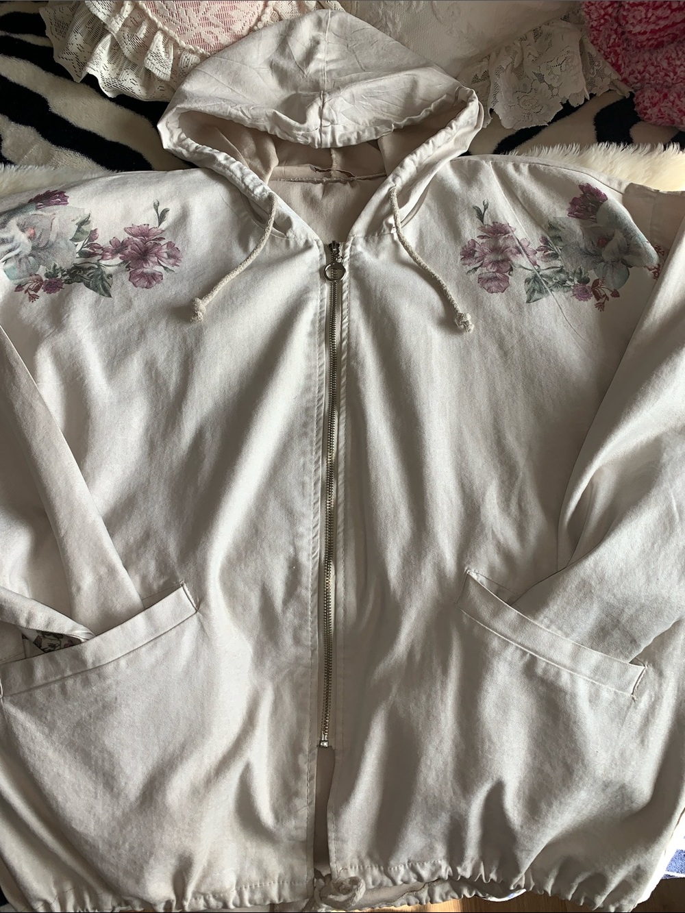 Vtg 90s Italian hooded floral cotton light jacket L - Picture 8 of 11